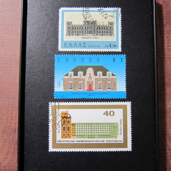 Buildings and Architecture - Recycled Postage Stamp Framed Art 3.5"x5", Greece, - Picture 1 of 2